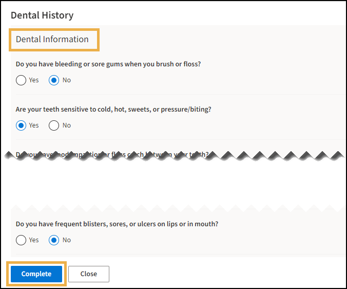 Dental History Questionnaire with yellow highlight boxes around the Dental information and the Complete button.